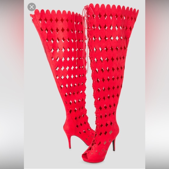 Red Wide Calf Gladiator Womens High Heel Boots Plus Size 9W Thigh High Sexy HOT - Picture 1 of 9